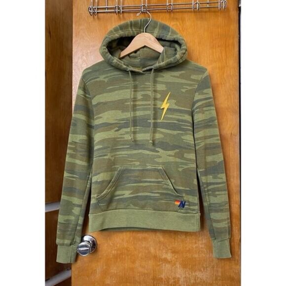Aviator Nation Camo Bolt Hoodie Sweatshirt Green Bolt Slim Fit Pullover Size XS - Picture 1 of 7